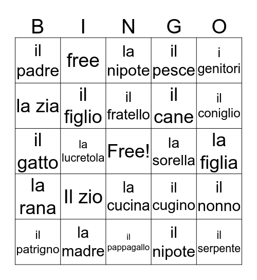 La famiglia Bingo Card