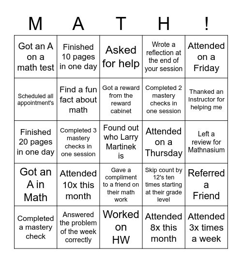 Mathnasium Bingo! Bingo Card