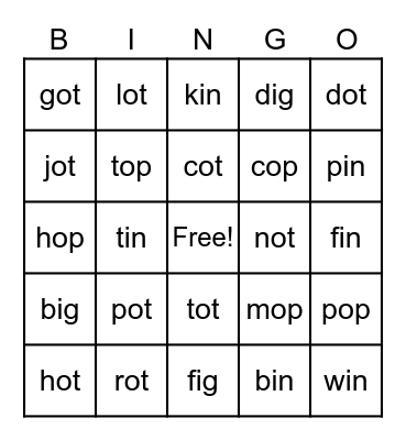 Short i and Short o CVC words Bingo Card