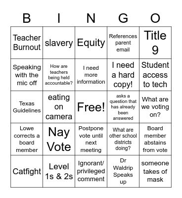 School Board Meeting Bingo Card