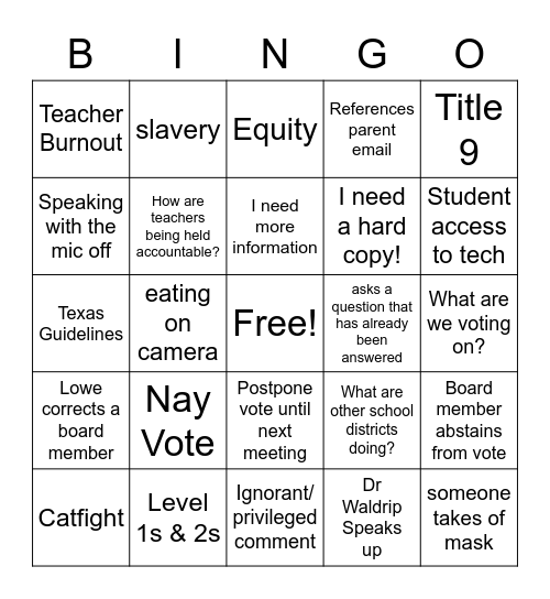 School Board Meeting Bingo Card