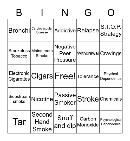 Tobacco Terms Bingo Card