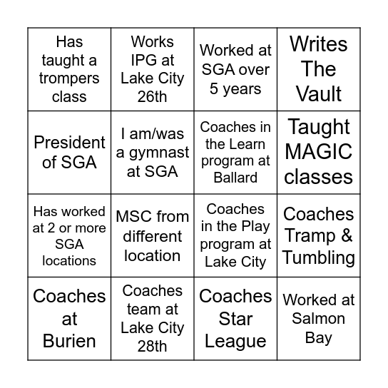 SGA 2023 Holiday Party Bingo Card