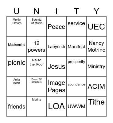 Unity East Bingo Card