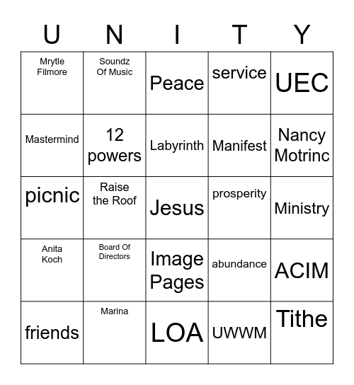 Unity East Bingo Card