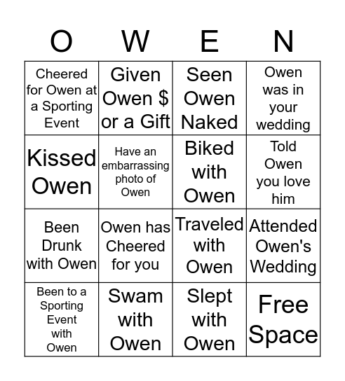 Owen's 50th Bingo Card