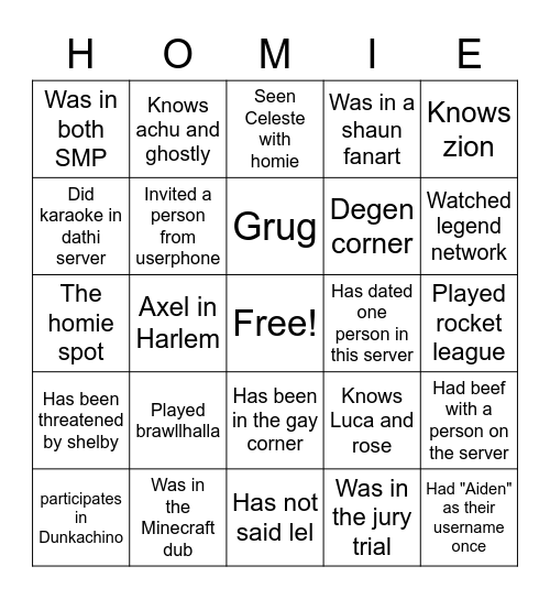 LOUNGE homie bingo Card