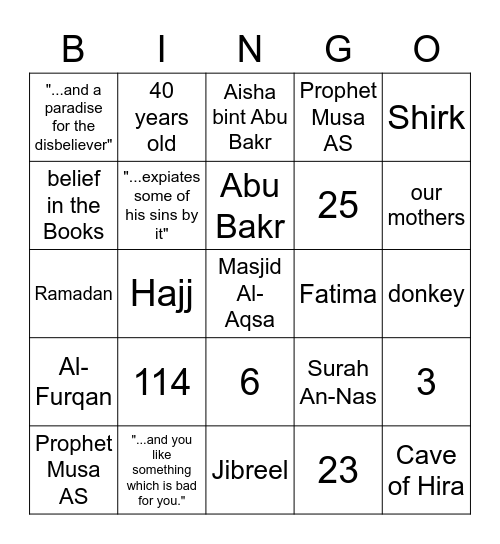 Islamic Bingo Card