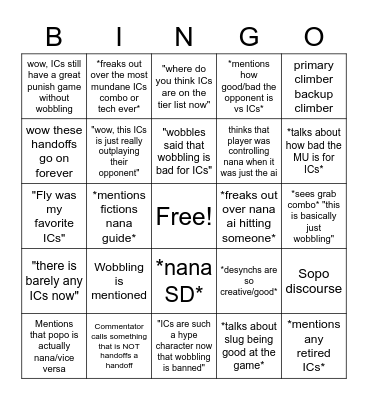 Ice Climbers Commentary Bingo Card