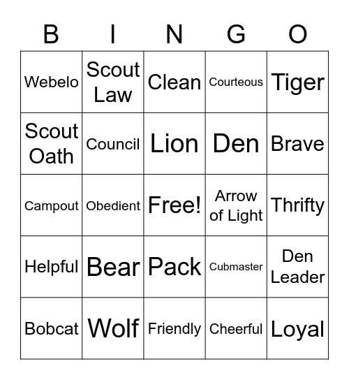 Bear Den Bingo Card