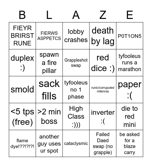 Blaze Slayer Bingo Card