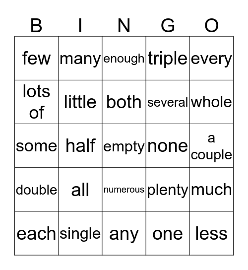 Words of Quantity Bingo Card