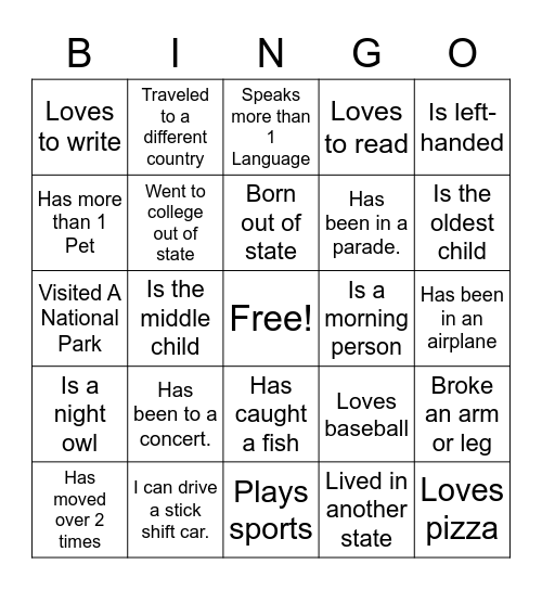 About Me Bingo Card
