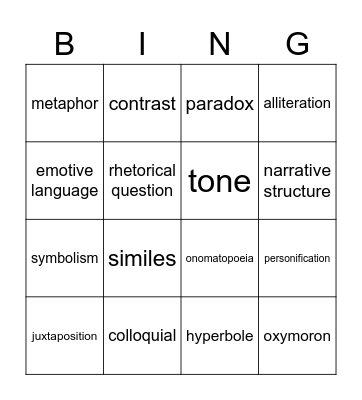 Language Techniques Bingo Card