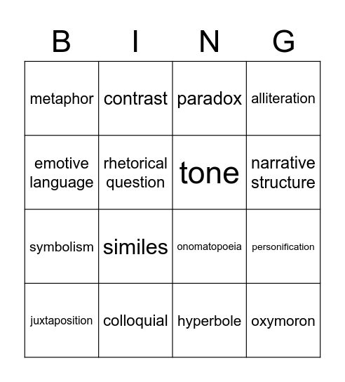 Language Techniques Bingo Card