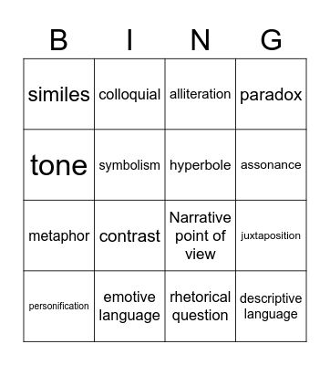 Language Techniques Bingo Card