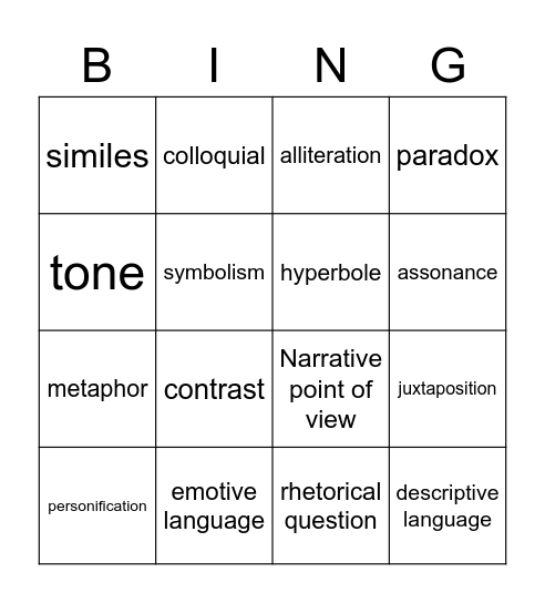 Language Techniques Bingo Card