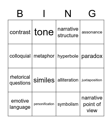 Language Techniques Bingo Card