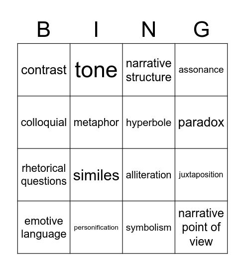 Language Techniques Bingo Card