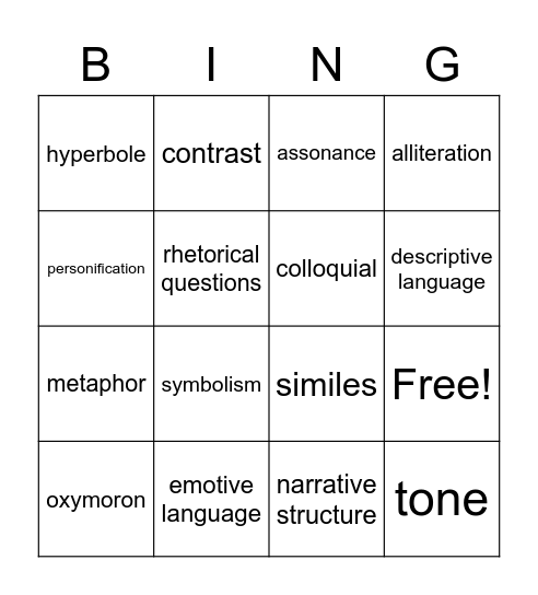 Language Techniques Bingo Card