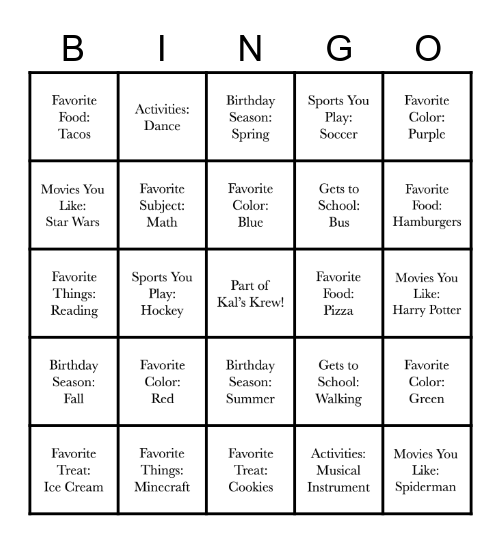 Friends Bingo Card