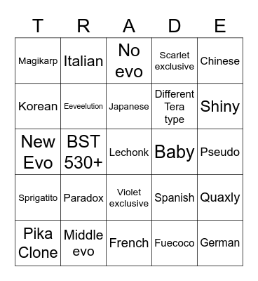 Suprise Trade Bingo Card