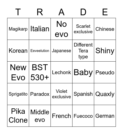 Suprise Trade Bingo Card