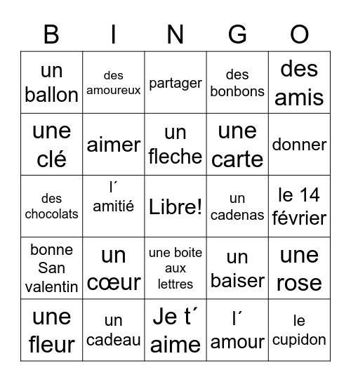 La Saint-Valentin Bingo Card