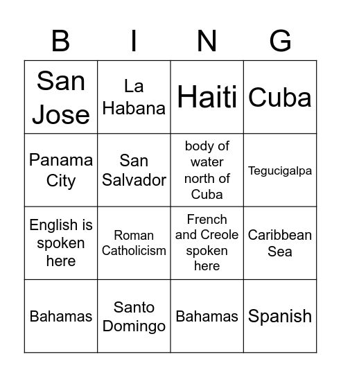 Central America and Caribbean Islands Bingo Card