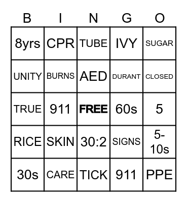 FIRST AID BINGO Card