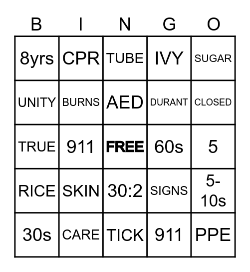 FIRST AID BINGO Card