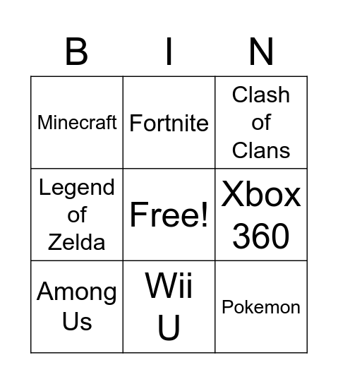 Video Game Bingo Card