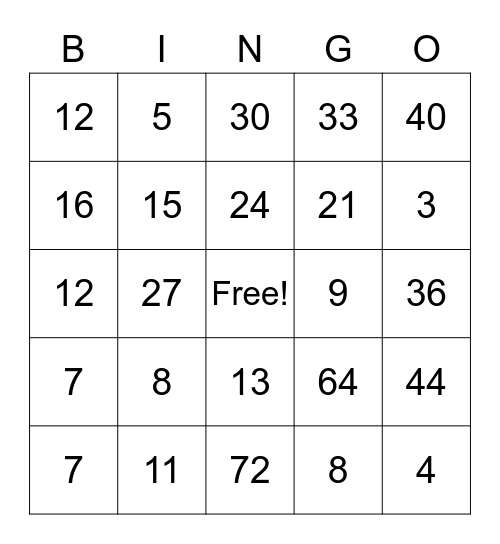 3rd Grade Math Bingo Card