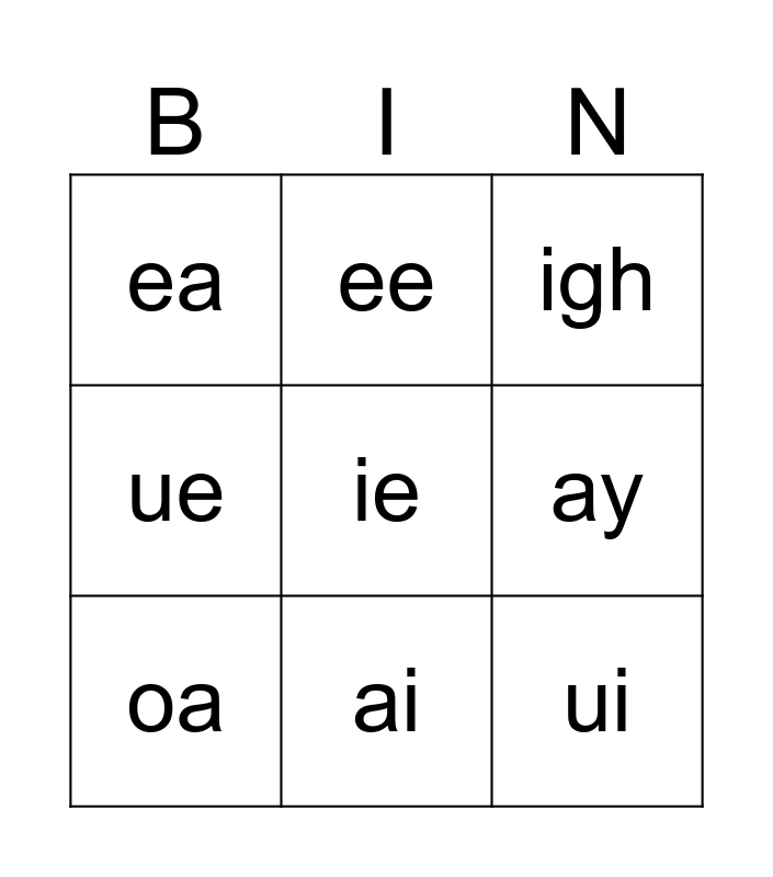 Long Vowel Bingo 1 Bingo Card