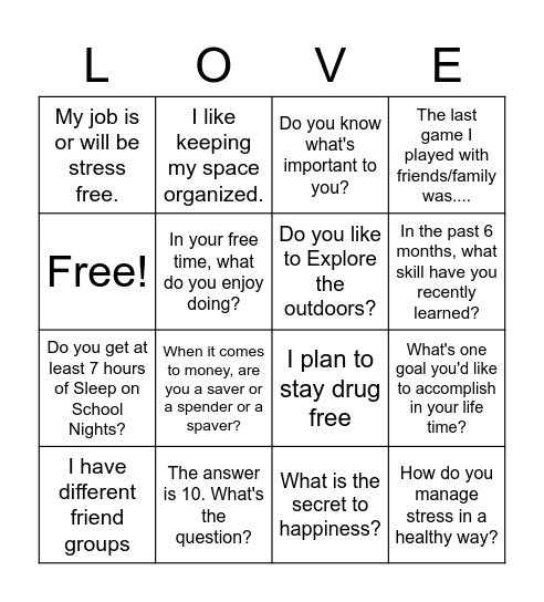 LOVE + WELLNESS Bingo Card