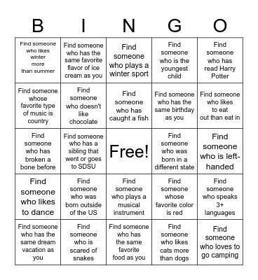 Get to Know Each Other Bingo Card