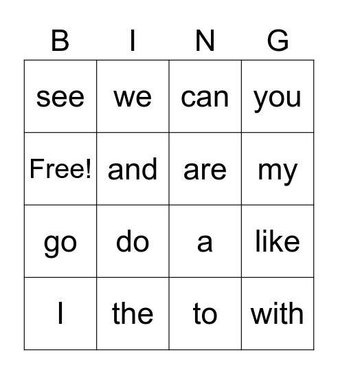 sight word Bingo Card