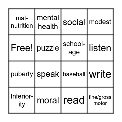 School-age Bingo Card