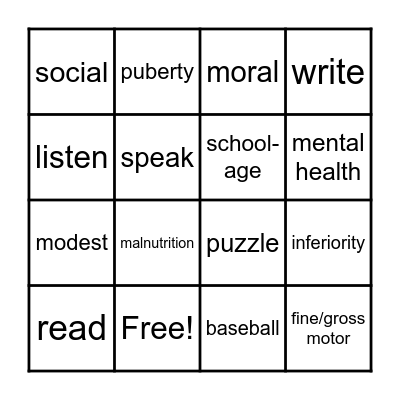 School Age Bingo Card