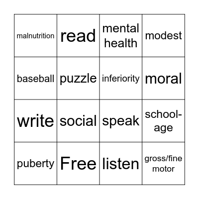 School Age Bingo Card