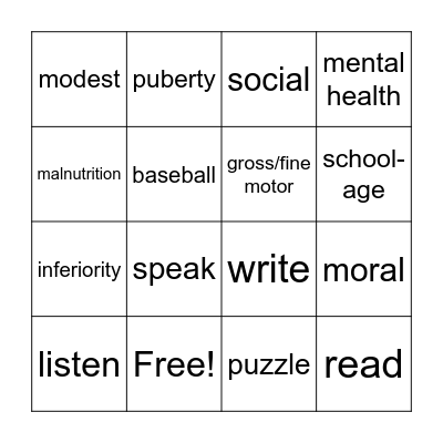 School age Bingo Card