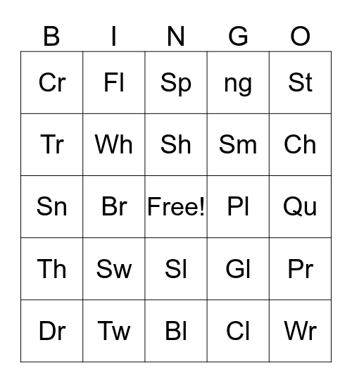 Consonant Blends Bingo Card