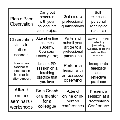 Teacher Development Choices BINGO Card