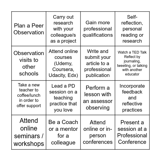 Teacher Development Choices BINGO Card