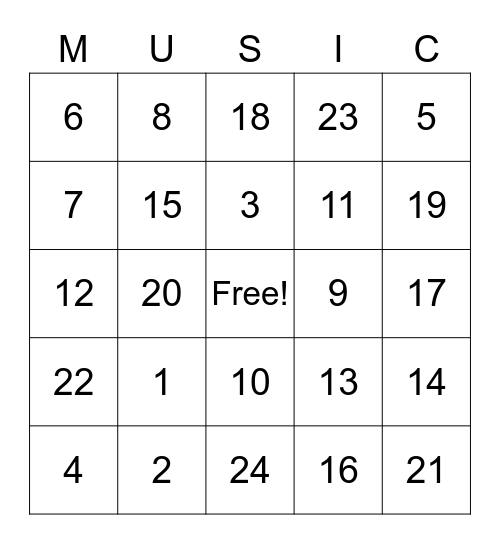 Musical Bingo Card