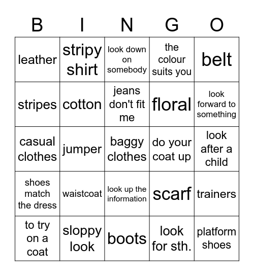 On Screen intermeidate 1B Bingo Card