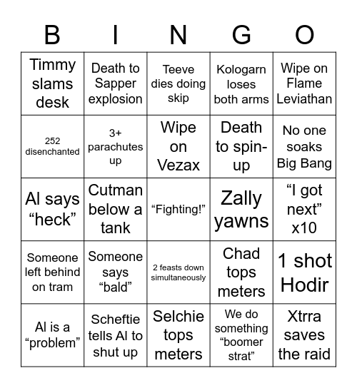 Raid Two Bingo Card