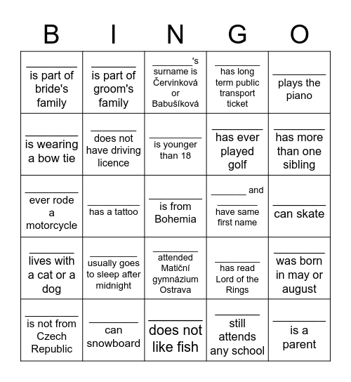 SVATEBNÍ BINGO: NAJDI NĚKOHO, KDO... Bingo Card