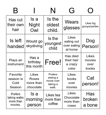 Speed dating bingo Card