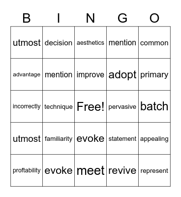 English Bingo Wordlist A Bingo Card